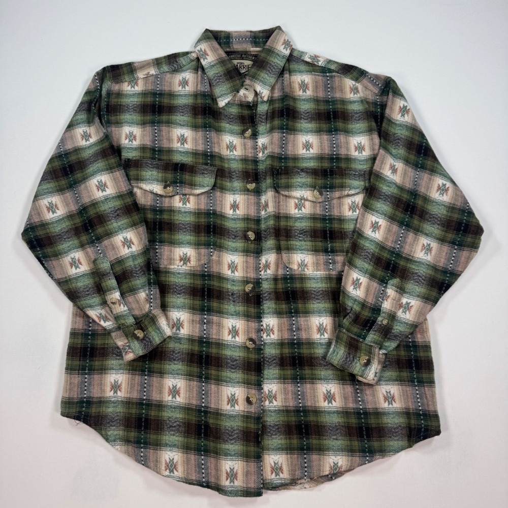 No Barriers Authentics Mens Medium Green Plaid Southwestern Flannel Shirt VTG